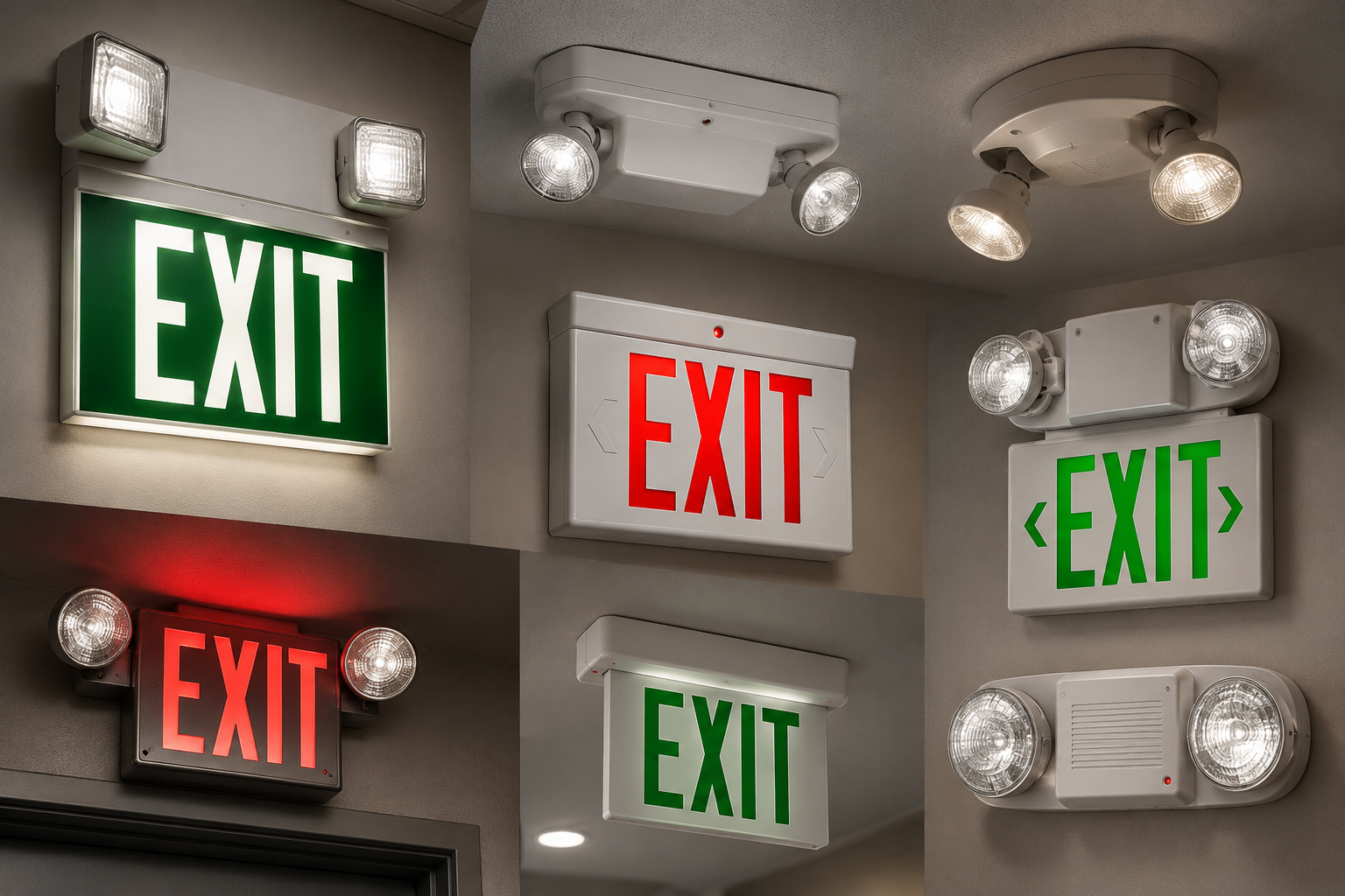 Several EXIT signs in green and red mounted on a beige wall with spotlights.