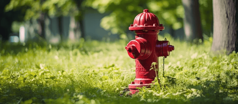 Red fire hydrant standing in a sunlit grassy area with trees in the background, outdoors in a park setting.