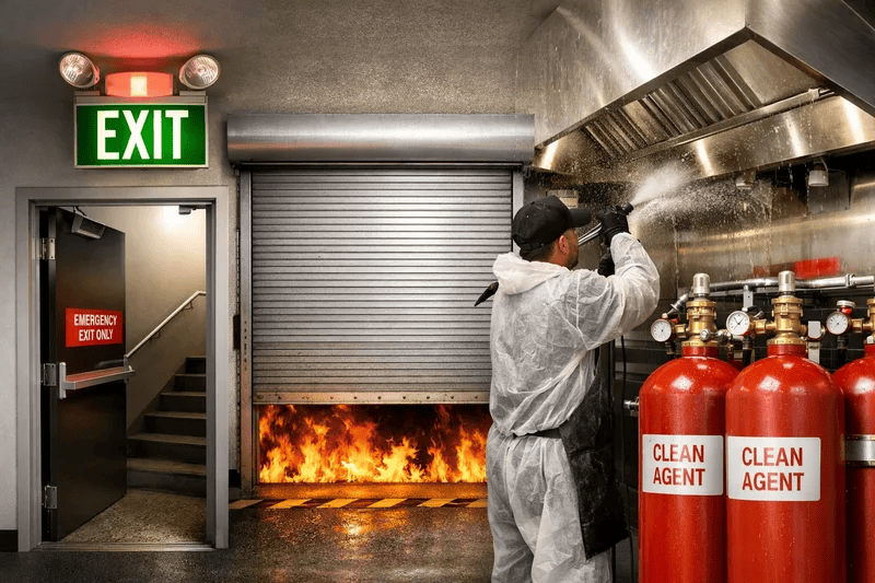 Worker in protective suit operates near a fire blazing behind a metal shutter, with red CLEAN AGENT fire cylinders nearby.