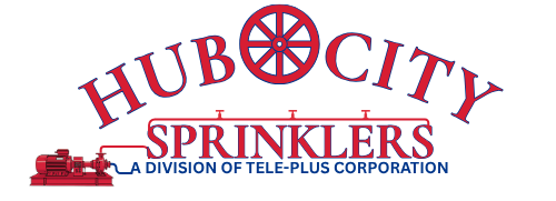 Logo for Hub City Sprinklers, a division of Tele-Plus Corporation, with a red wagon wheel emblem above the wordmark.